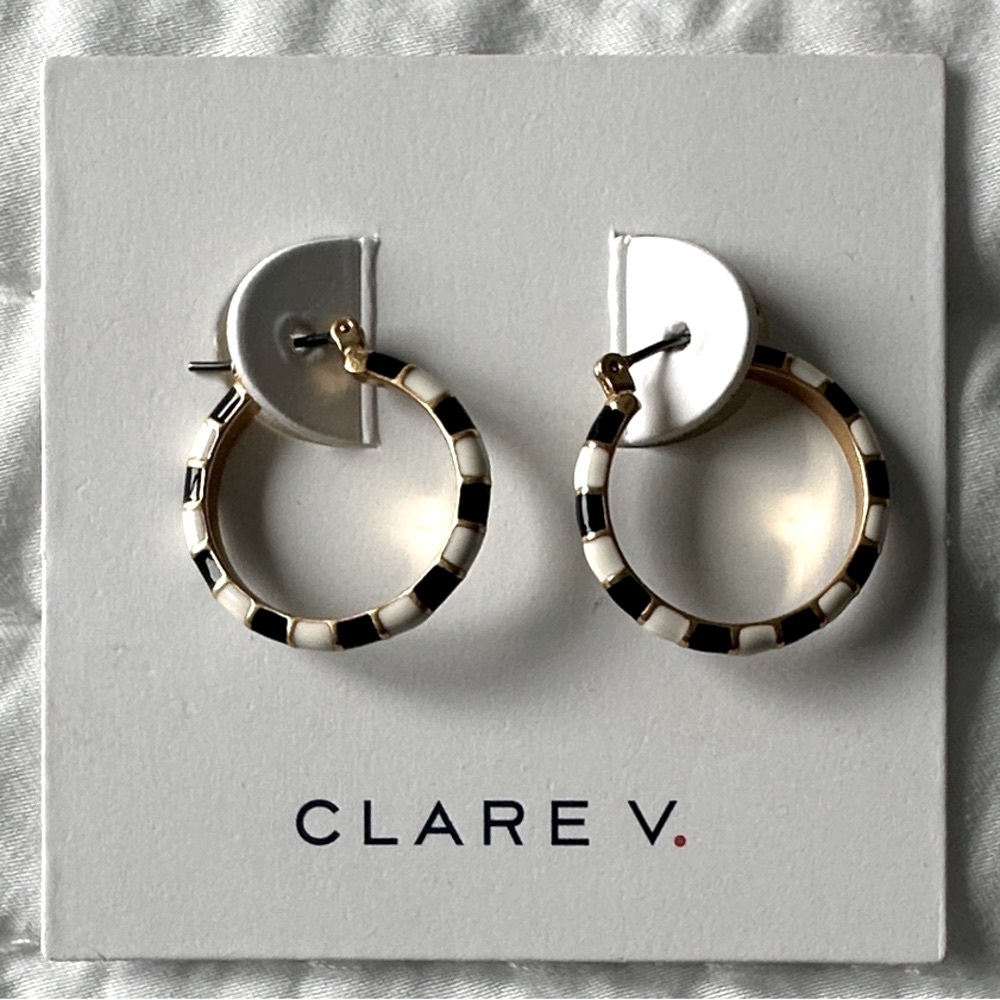 Clare V Black/White Stripe Enamel Hoop Earrings